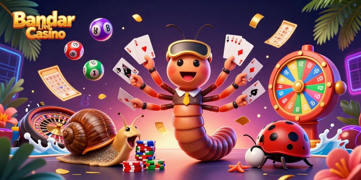 Experience the excitement at Bandar Live Casino with a vibrant 3D illustration of a millipede dealer and flaring game elements.