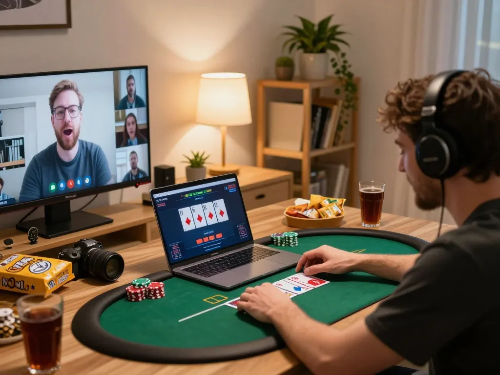 Engaging online casino action at fly88 select with player focused on poker gameplay on a laptop
