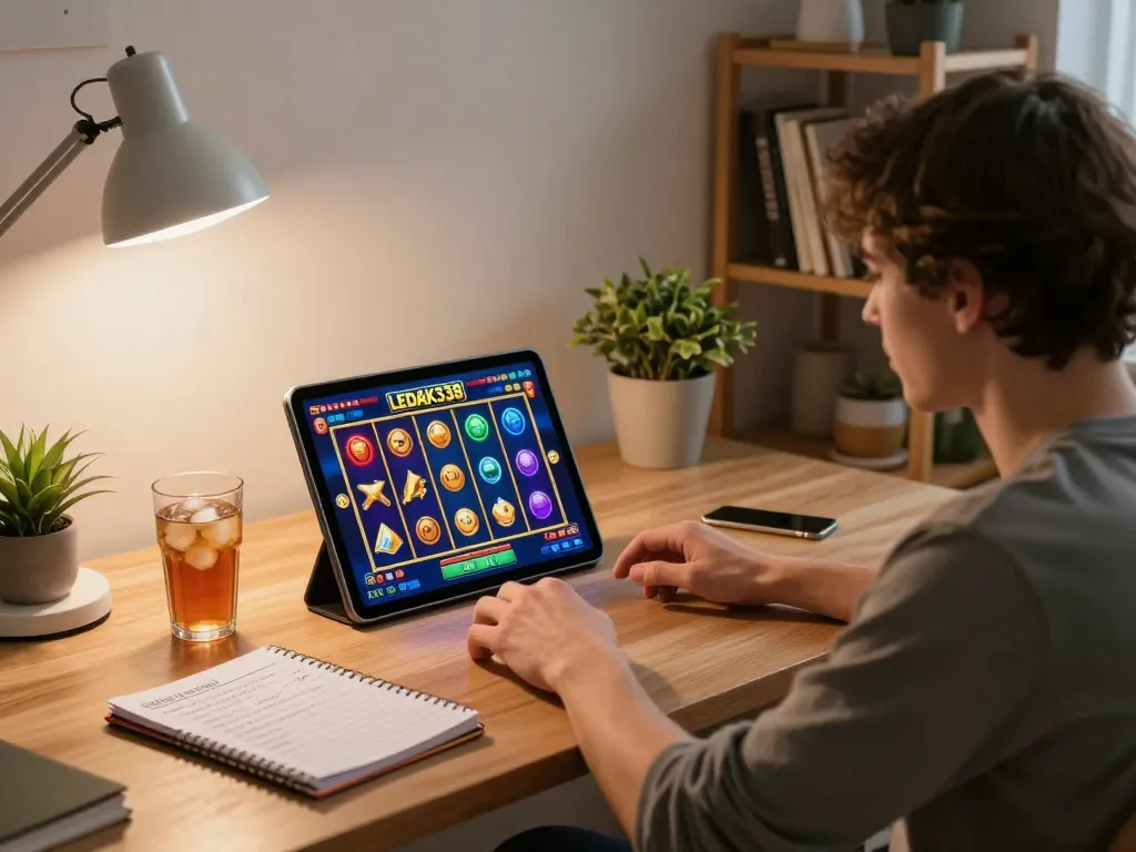 Playing LEDAK338 slot games on a tablet at a stylish home desk with strategic notes.