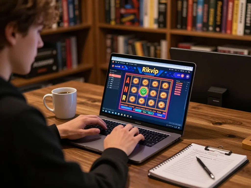 Player analyzing strategies for Rikvip casino games in a cozy home setting