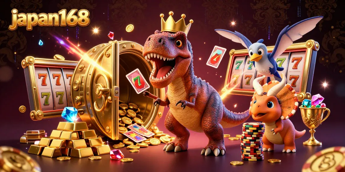 Experience the dynamic action of japan168 with a T-Rex shuffling cards while stacking golden chips in a vibrant casino scene.