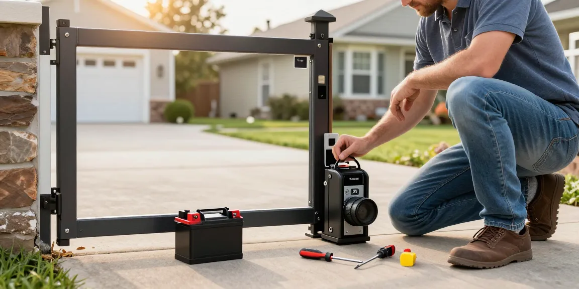 Mighty Mule gate opener troubleshooting scene with homeowner checking system components, tools, and manual in a landscaped driveway.