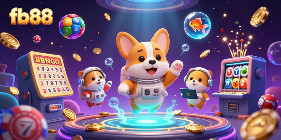 Win exciting prizes with fb88 in this vibrant space casino scene featuring floating characters and game elements.