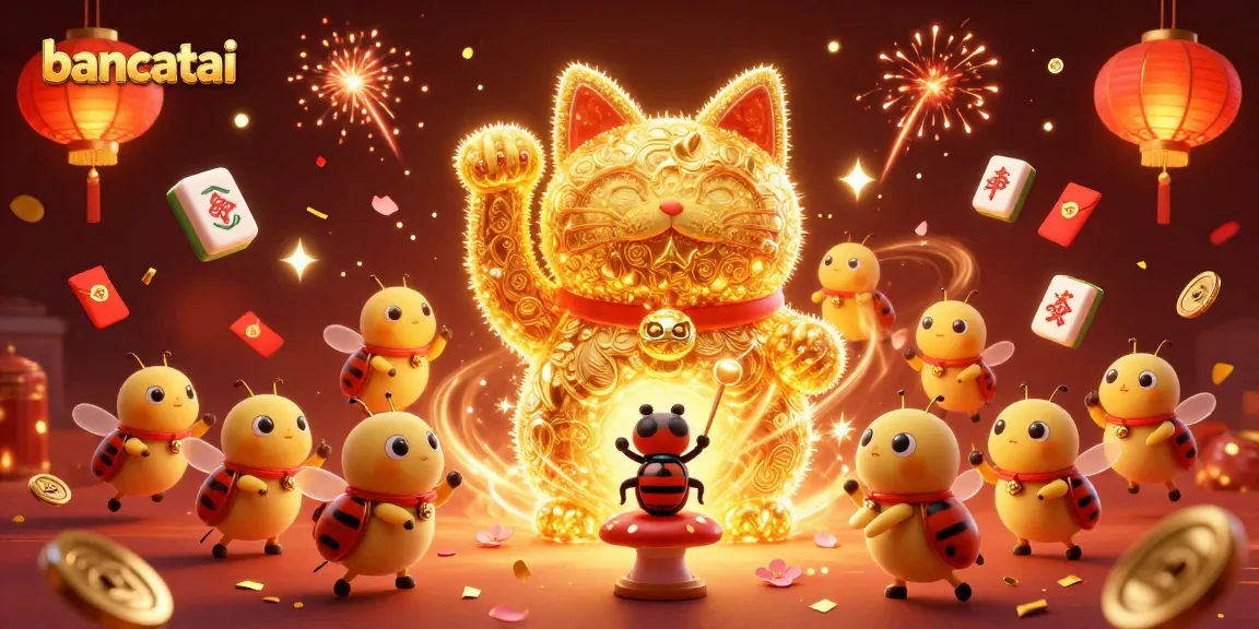 bancatai showcases a golden lucky cat composed of fireflies amidst festive casino symbols and elements.