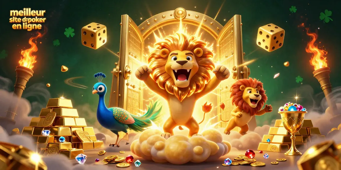 Découvrez le meilleur site de poker en ligne avec l'illustration d'un lion solaire et des éléments de jeu captivants.