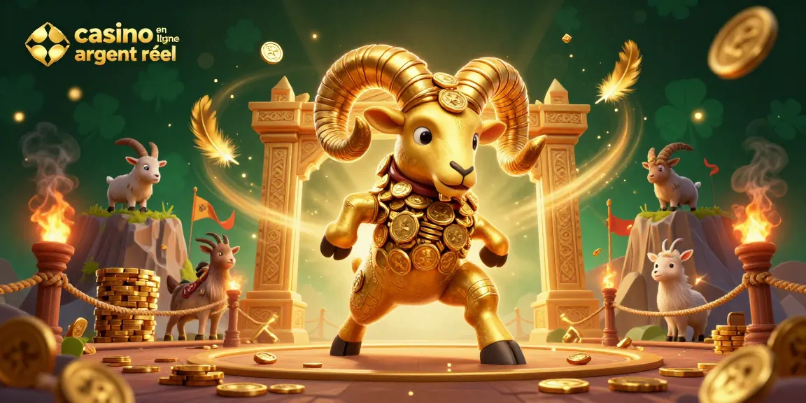 Illustration dynamique de casino en ligne argent réel avec un bélier doré sur un fond riche.