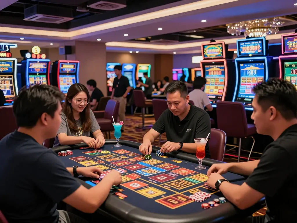 Exciting Togel Hongkong lottery gaming scene with players at a vibrant casino table.