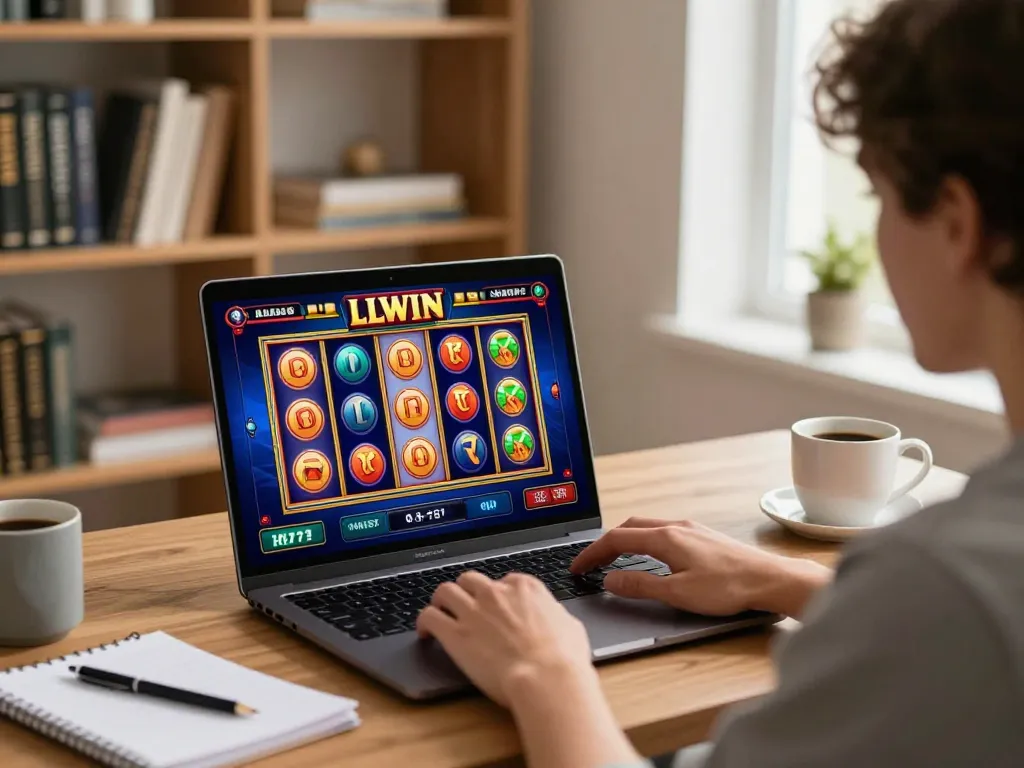 Player enjoying LLWIN online casino game on laptop in cozy home setup with notes and coffee.
