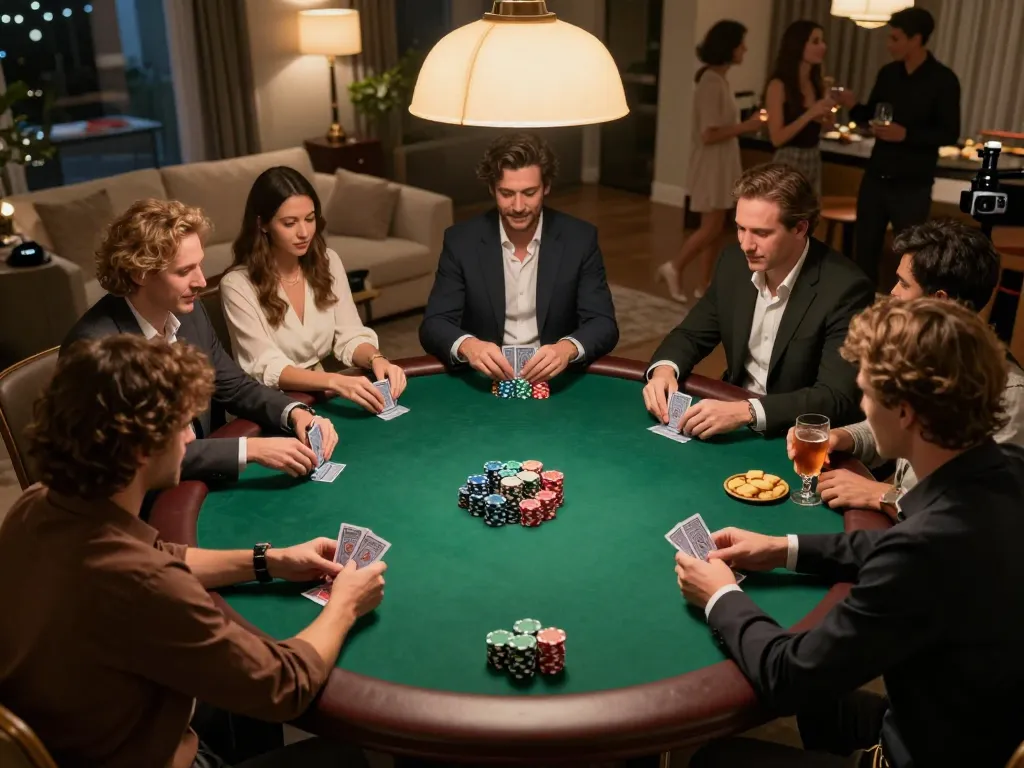 Players engaging in a strategic poker game at home, highlighting https://hd88.london/ in cozy atmosphere.