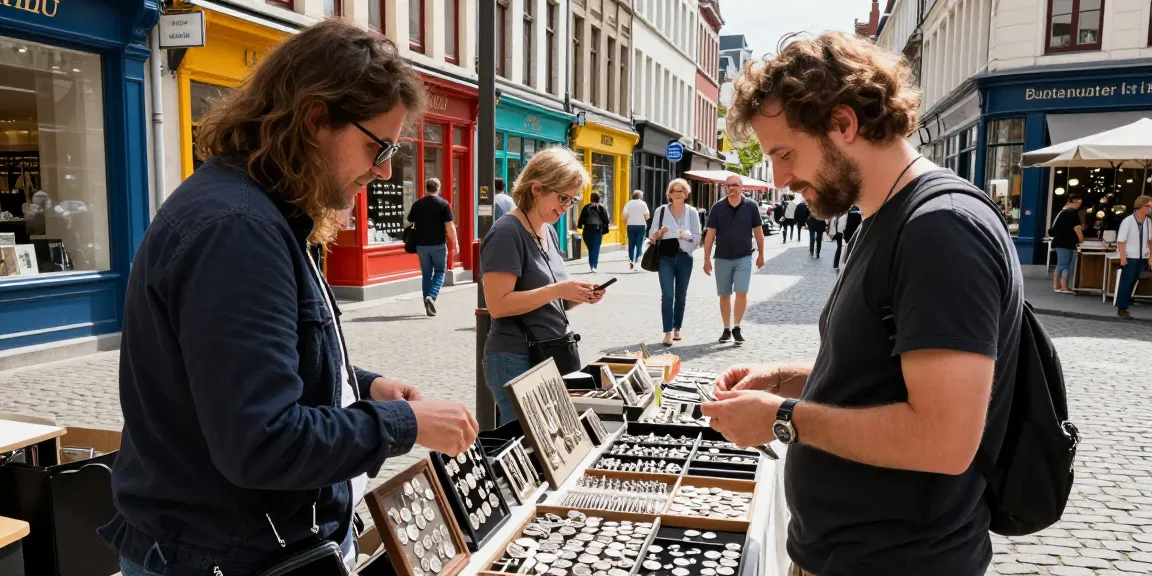 Achat argent Bruxelles : vendeur expert évaluant des pièces en argent sur un marché animé.