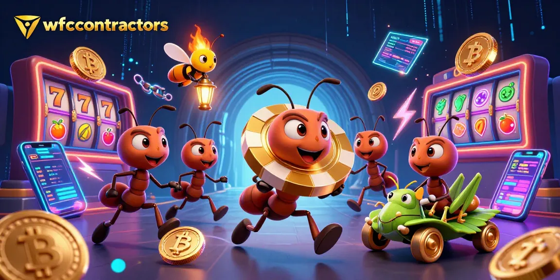 Experience a thrilling heist by wfccontractors with a team of ants racing towards a giant poker chip, amid vibrant casino elements.