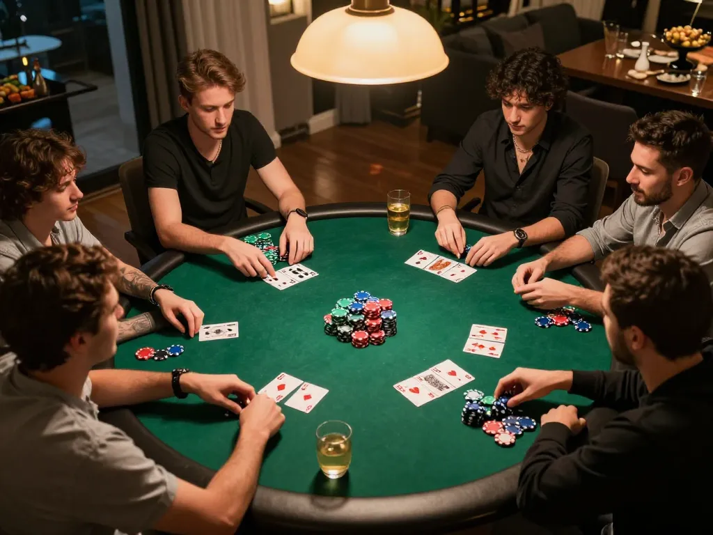 Players enjoy a friendly poker night at home, showcasing exciting gameplay and camaraderie at 888top.