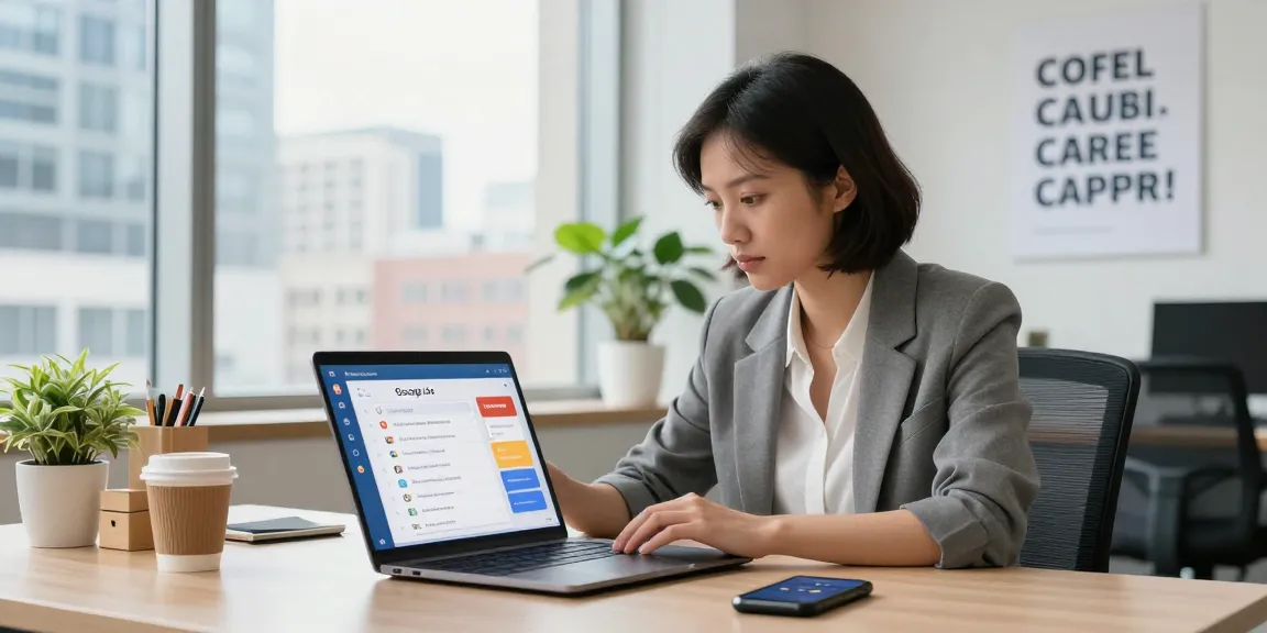 Job seeker tracking google jobs on a laptop in a modern office.