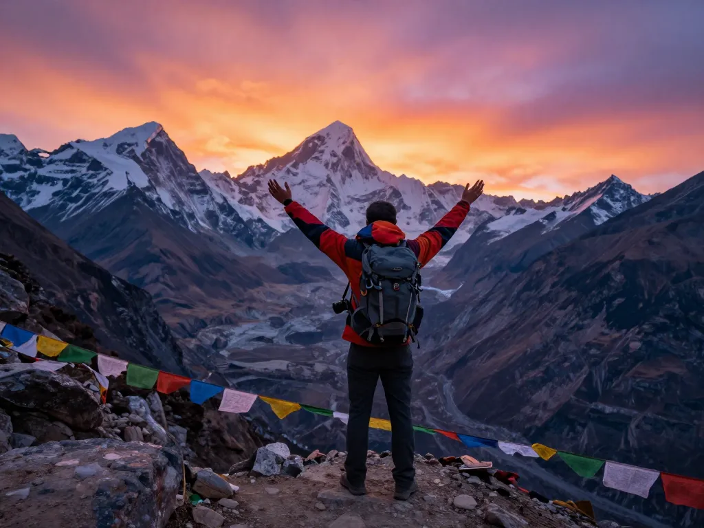 Person celebrating at sunset during the Everest Base Camp Trek with stunning mountain views in the background.