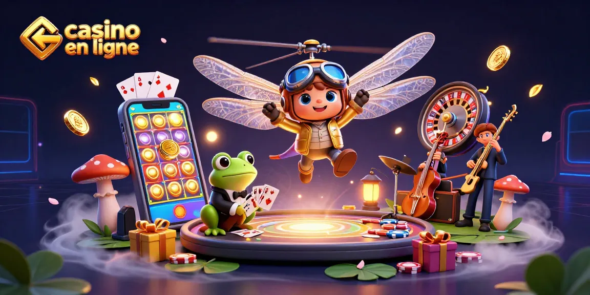 Plongez dans l'univers de casino en ligne avec un dragonfly pilotant, un croupier grenouille et des musiciens jazzy.