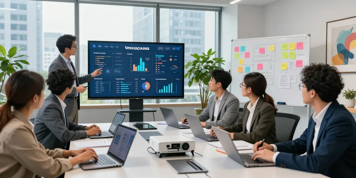 Team collaborating at a modern workspace using https://www.bdtjl.app/ for effective project management.