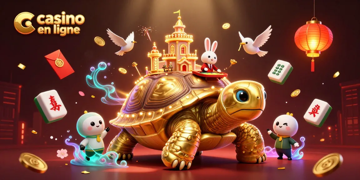 Découvrez le casino en ligne avec une tortue d'or géante et son palais, entouré de symboles de chance et de festivités.