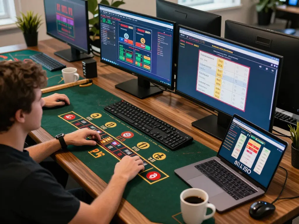 Engaging in online gambling at the best widget store, showcasing poker gameplay and strategic betting.