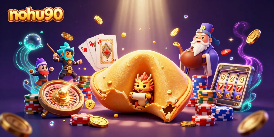 Experience the excitement of nohu90 with a dynamic 3D casino scene featuring golden fortune cookie characters and slot machines.