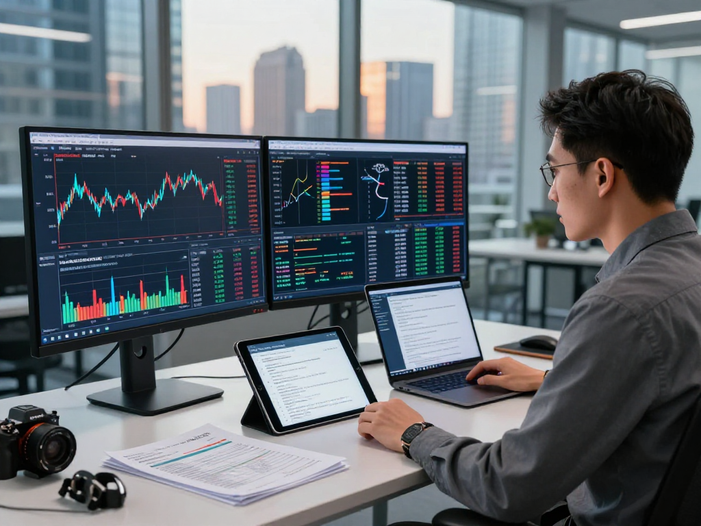 Developer analyzing natural gas futures Kline API data in a high-tech trading environment with multiple monitors in 2026.