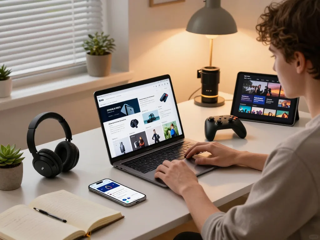 Engaging workspace featuring the latest tech gadgets 2051, including laptops and Bluetooth devices in a cozy setting.
