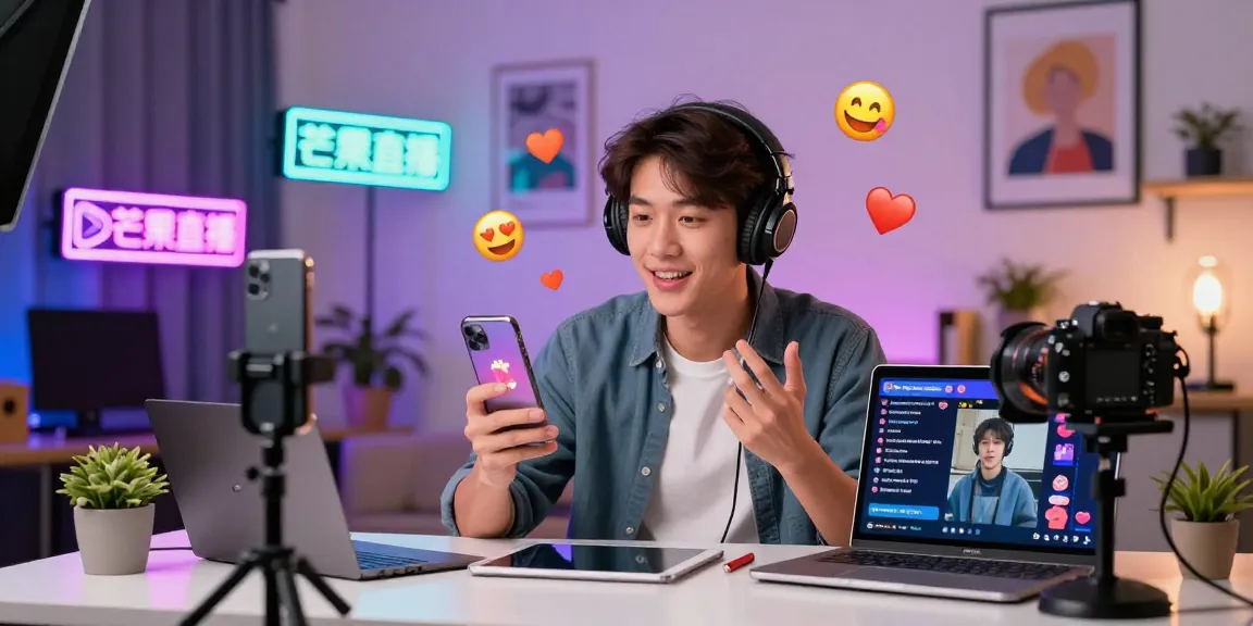 Mango Live diamond top-up scene with a streamer engaging audience, vibrant tech setup.