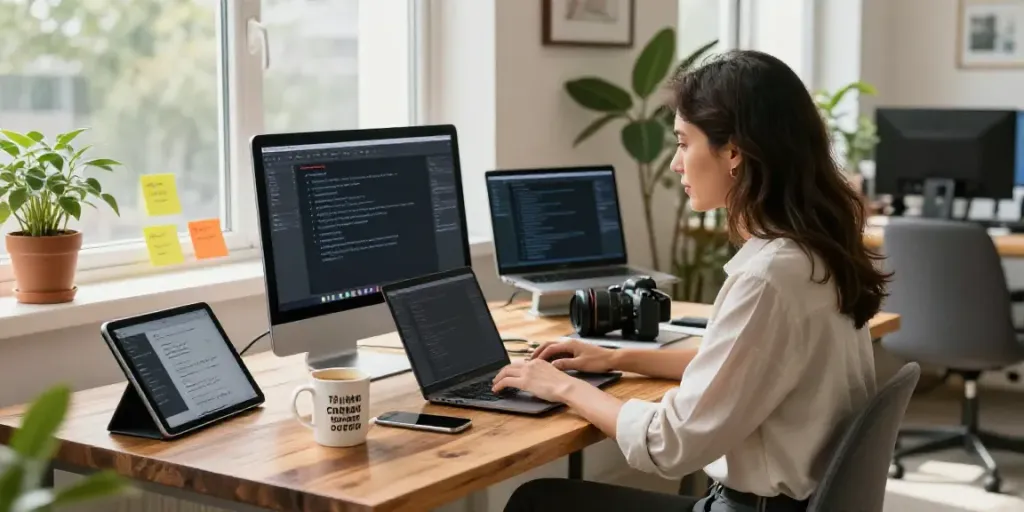 AI content writer for copywriters collaborating in a modern office environment, showcasing productivity tools and an inspiring atmosphere.