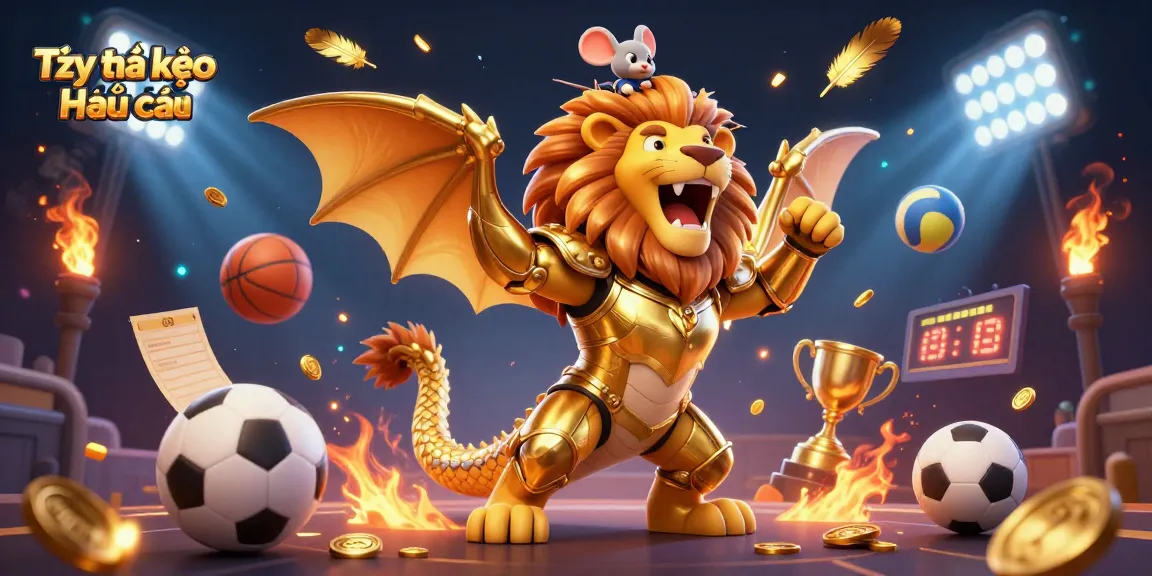 Experience thrilling Tỷ lệ kèo nhà cái action with a dynamic 3D illustration of a chimera and sports elements.