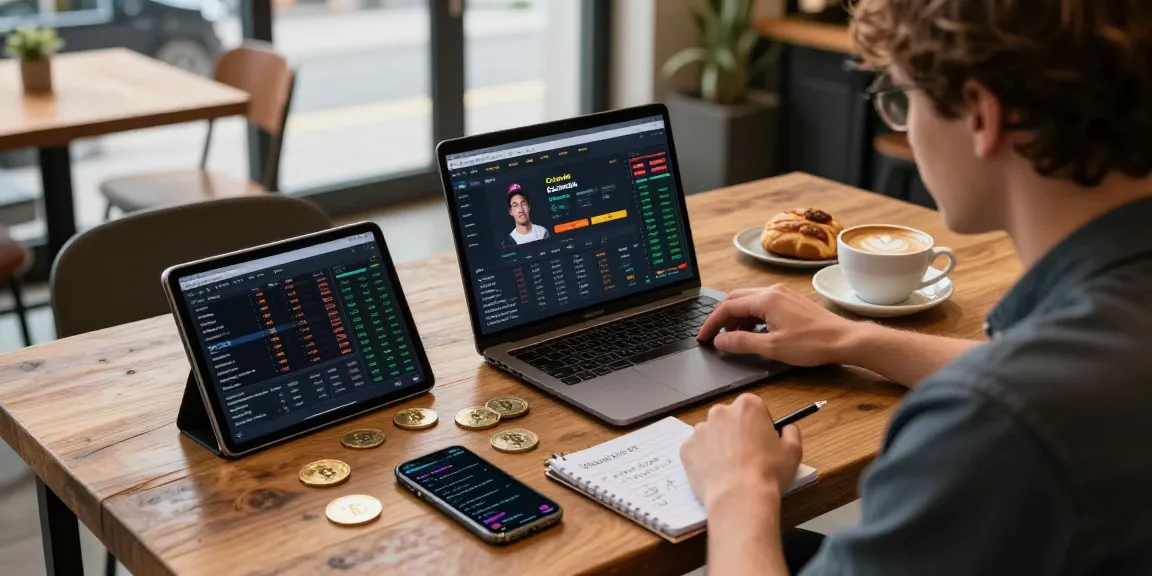 Cricbet99 trading insights on a modern laptop in a cozy coffee shop setting, showcasing digital wallet, strategy notes, and real-time crypto data.