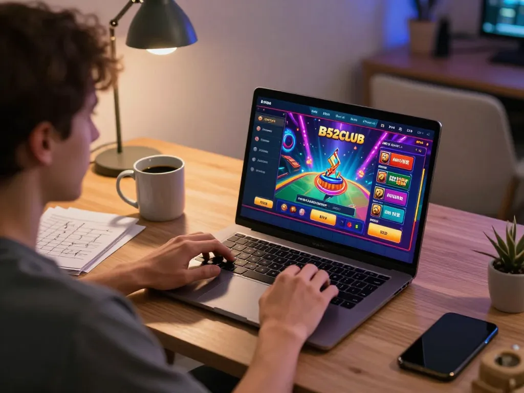 Player enjoying B52club gaming session at home, showcasing engaging casino interface and responsible gaming.