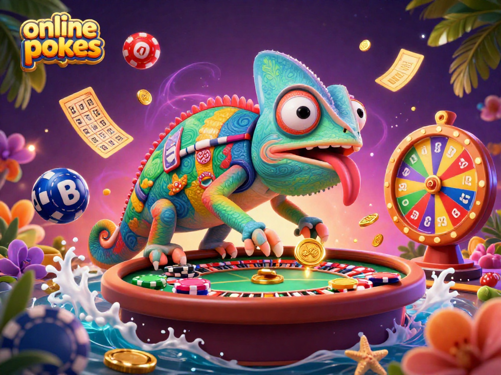 Experience thrilling online pokies action with a vibrant casino scene featuring a chameleon owner.