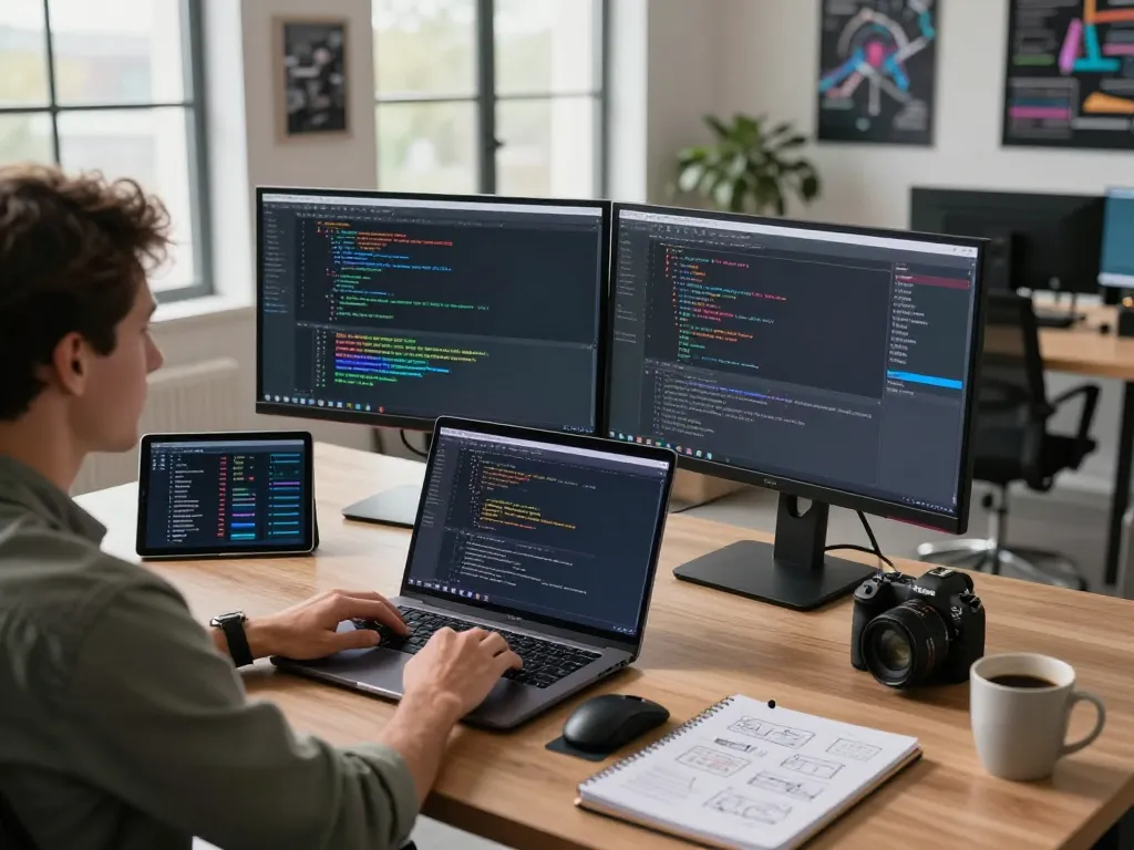 Moltbot development workspace with a developer coding on dual monitors in a modern office.