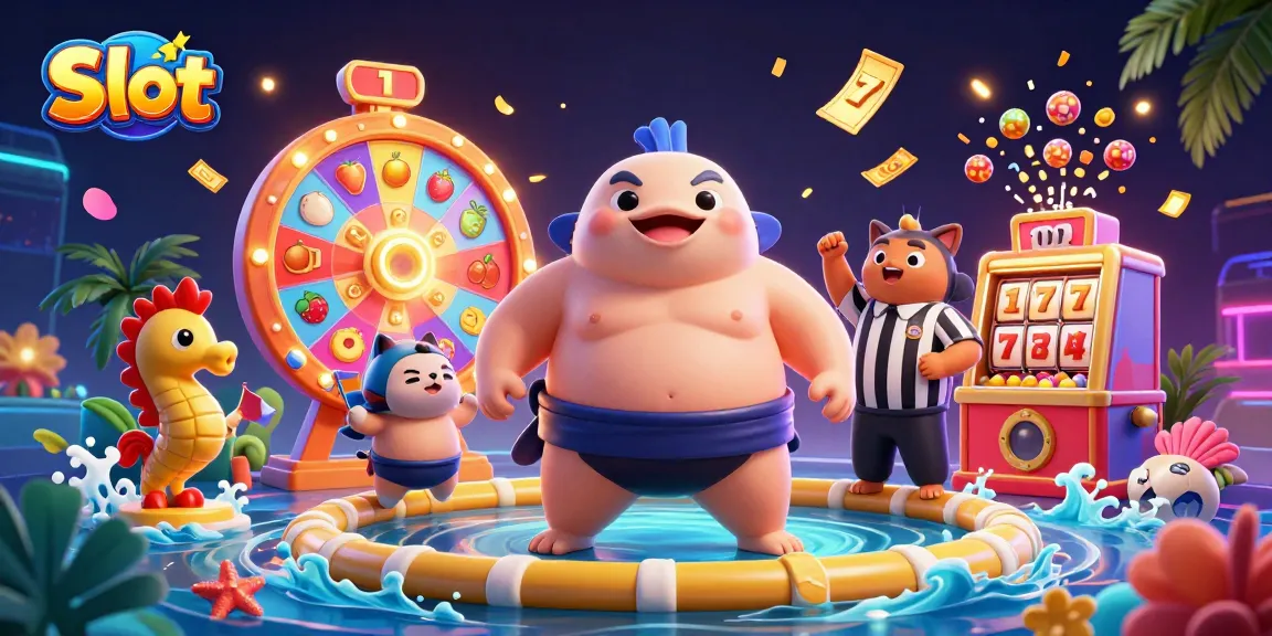 Slot menarik dengan ikan fugu raksasa dan simbol buah dalam adegan kasino yang ceria.