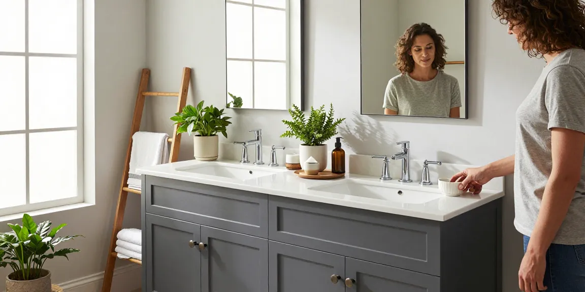 Modern bathroom vanity with quartz countertop, couples' selection of accessories in a stylish interior.