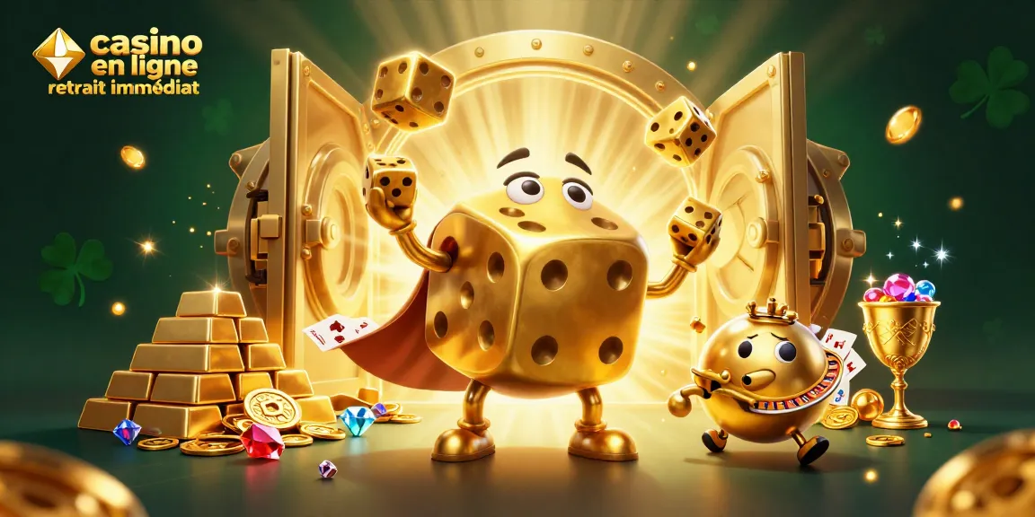 Casino en ligne retrait immédiat avec un golem en dés dorés et un accompagnateur roulant une balle de roulette sous un décor étincelant.