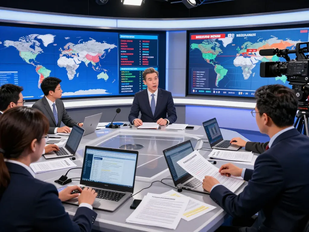 News anchor addressing rising global tensions in a modern newsroom with conflict data on screens.