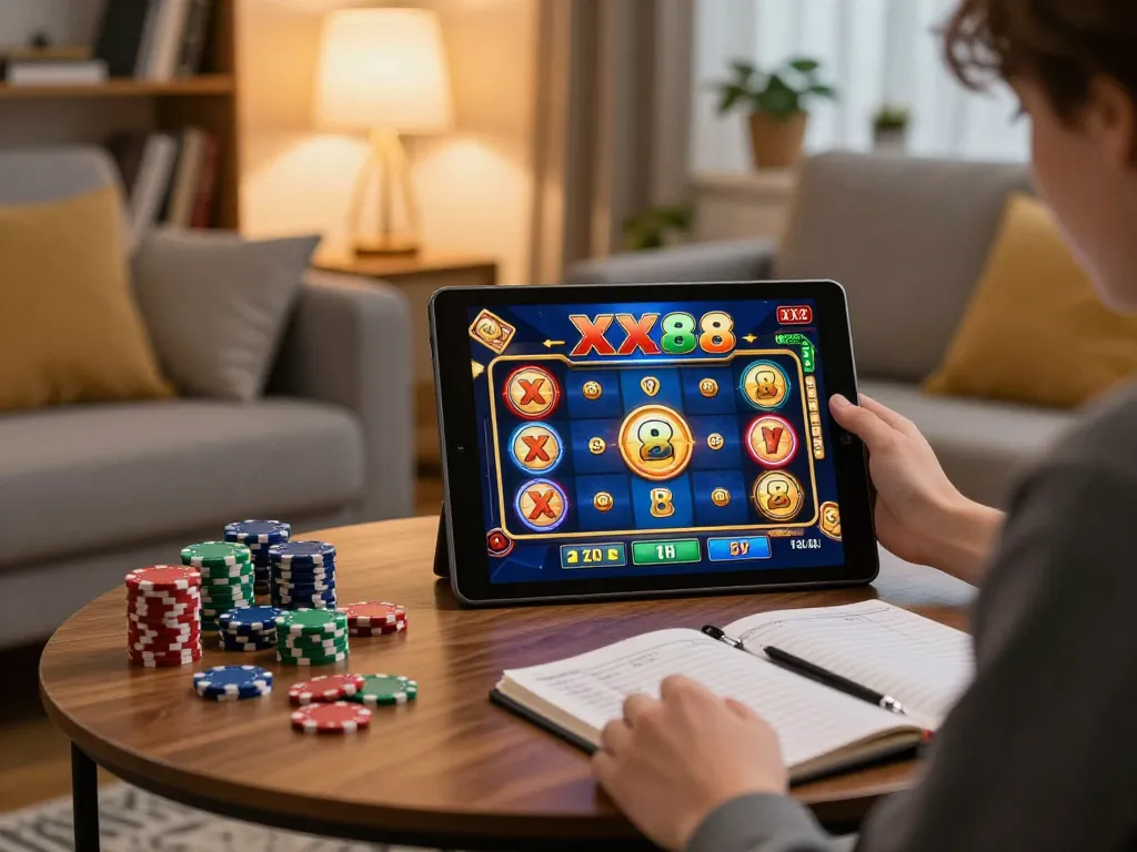 Engaging in XX88 slot games on a tablet at home with a cozy atmosphere.