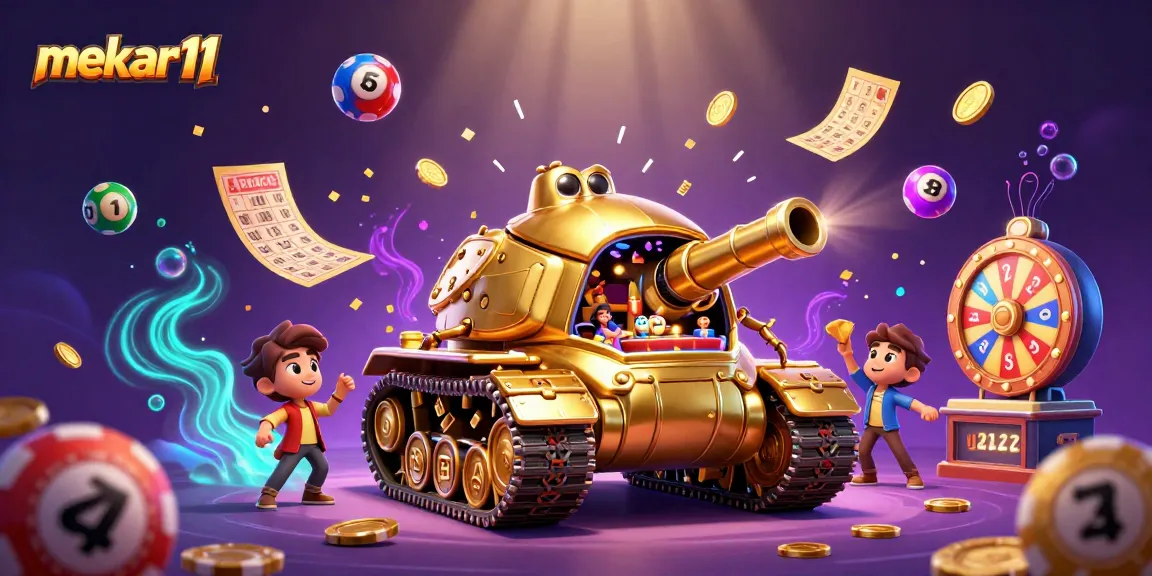 Mekar11 features a golden beetle tank revealing a tiny casino amid colorful gambling elements.