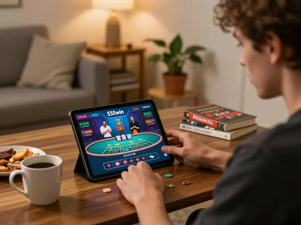 Engage in thrilling live dealer games on 555win's online platform with a cozy home setup.