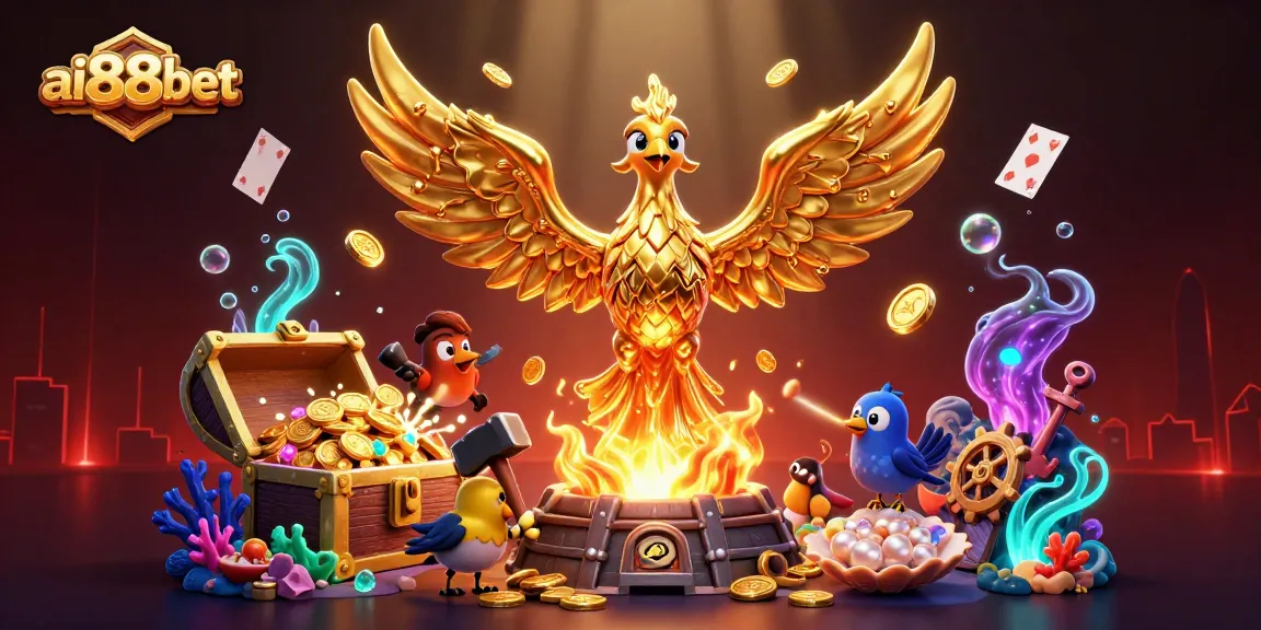 Experience thrilling gameplay with ai88bet's golden phoenix symbolizing prosperity and fortune in this vibrant casino scene.