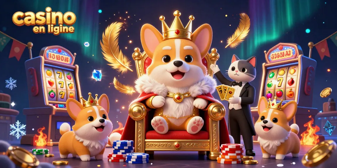 Illustration 3D d'un corgi royal sur un trône de jetons, incarnant un casino en ligne.