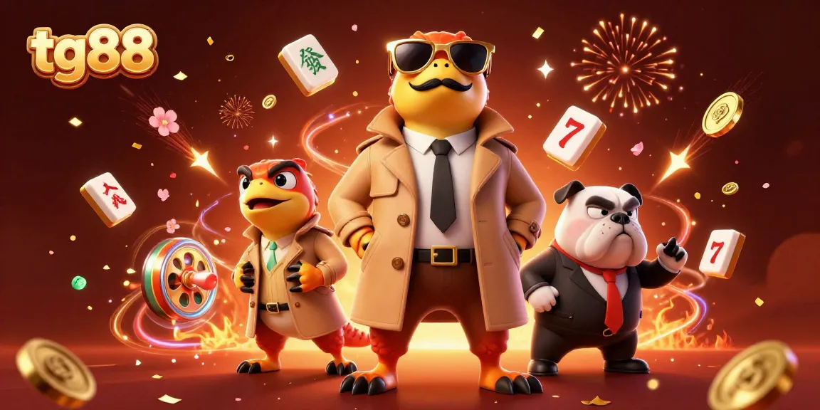 Experience excitement at tg88's VIP lounge with colorful casino elements and raptors in a trench coat.