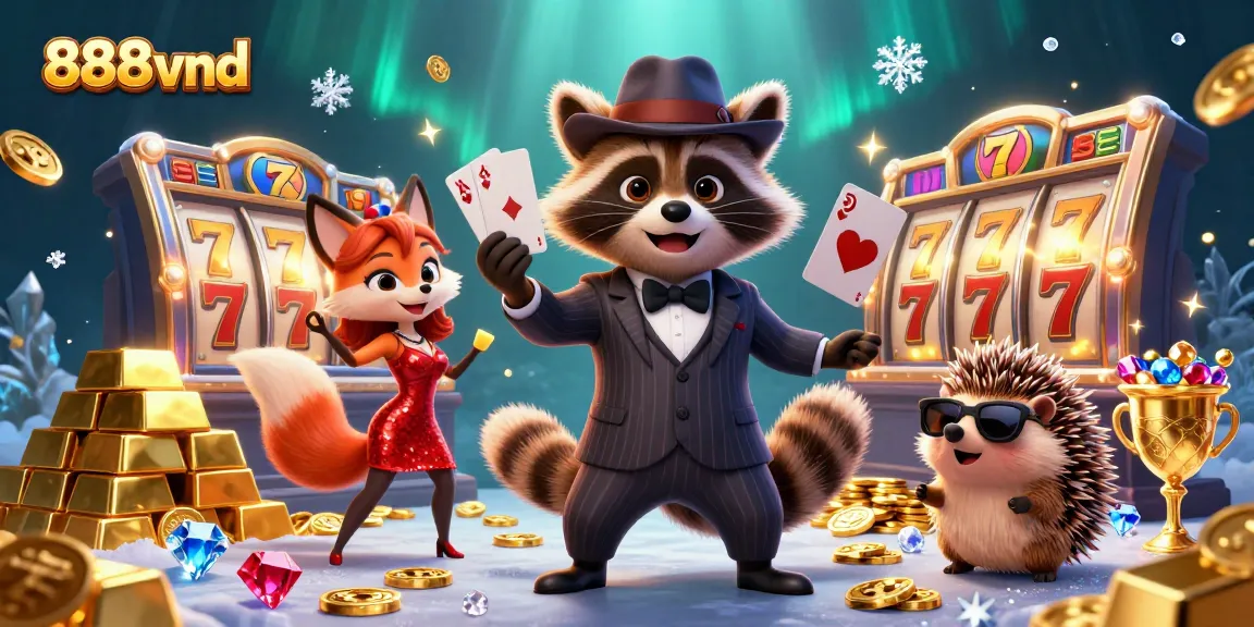 Experience the excitement of 888vnd as a raccoon in a suit holds a royal flush amidst gold and jewels.