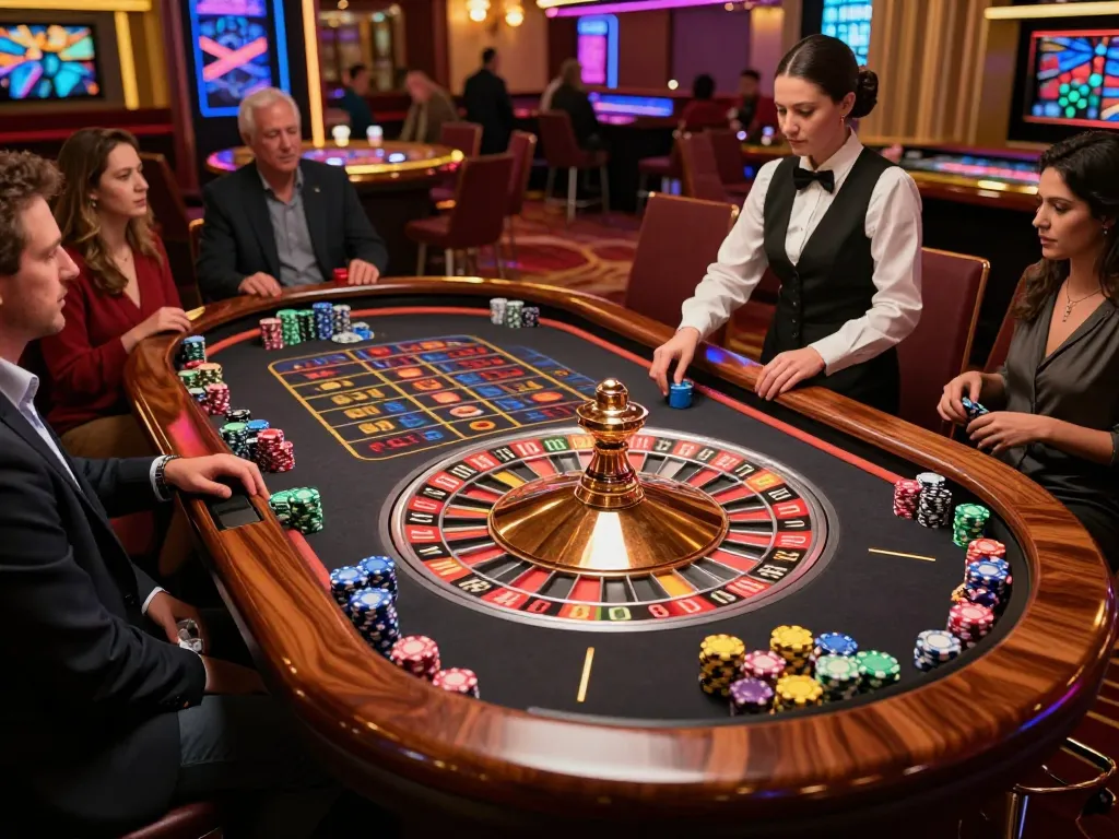 Experience the excitement of 90phut roulette gameplay with players engaged in placing bets at a vibrant Las Vegas casino.