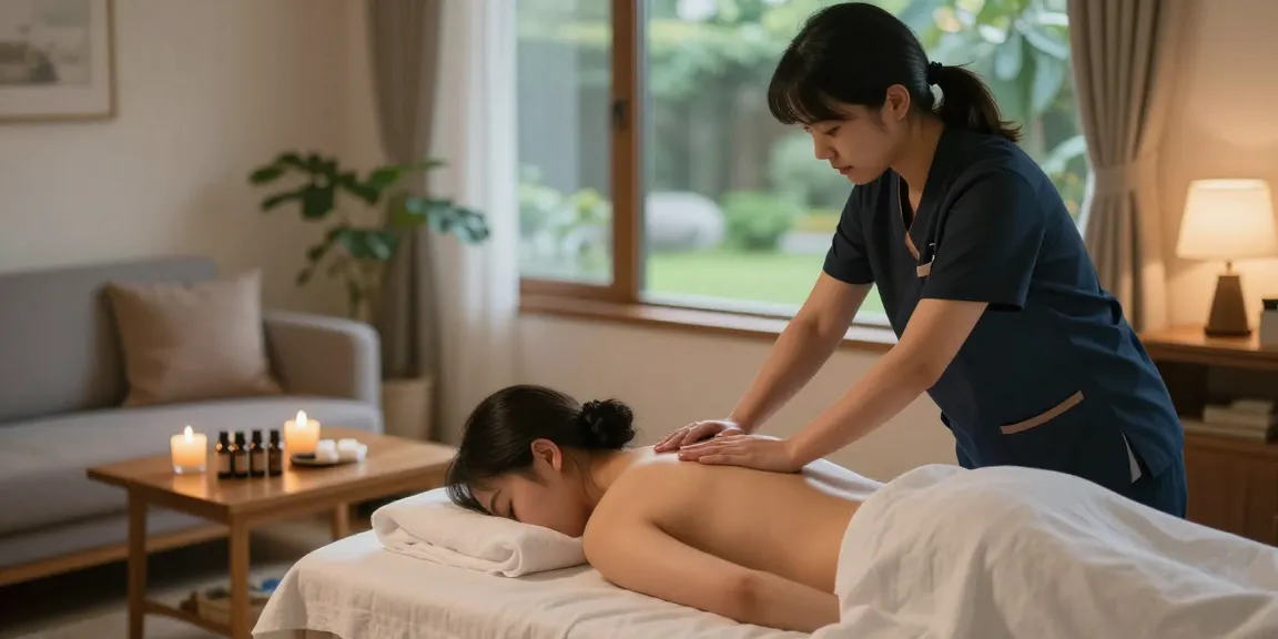 Professional performing 의정부출장마사지 in a serene home setting with candles and calming atmosphere.