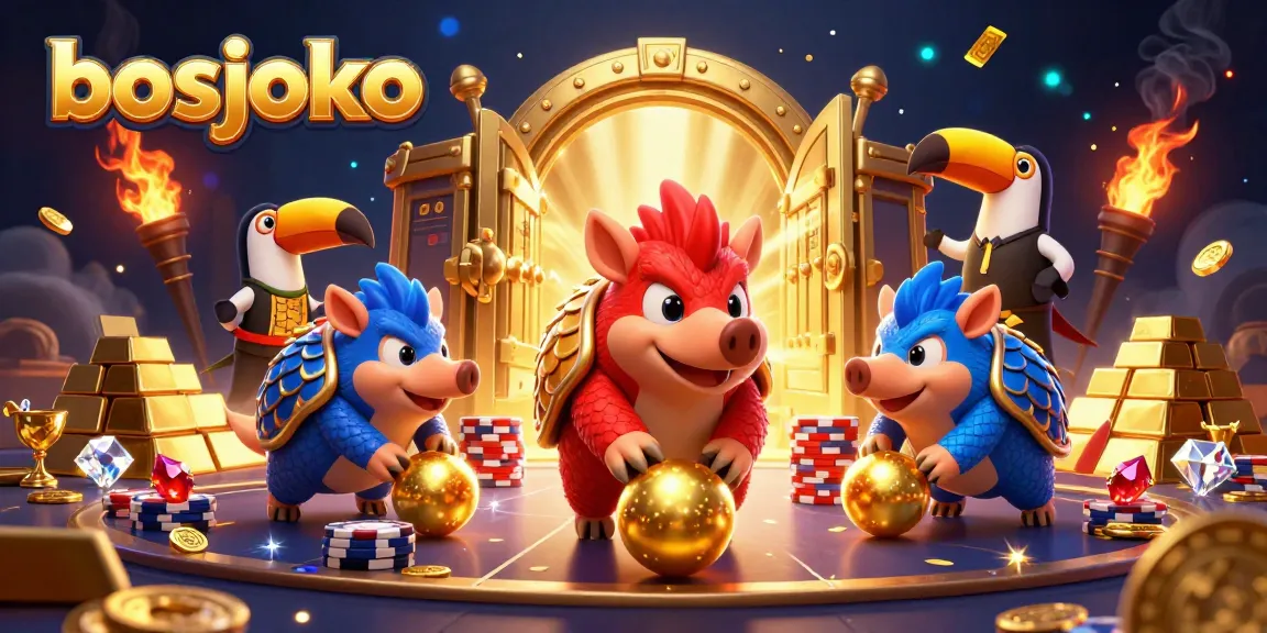 bosjoko menunjukkan pangolin lawan bermain slot sambil gulung bola ke tumpukan chip judi