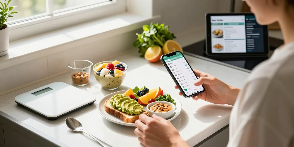 Logging breakfast with the best calorie tracker app in a bright kitchen filled with healthy foods.