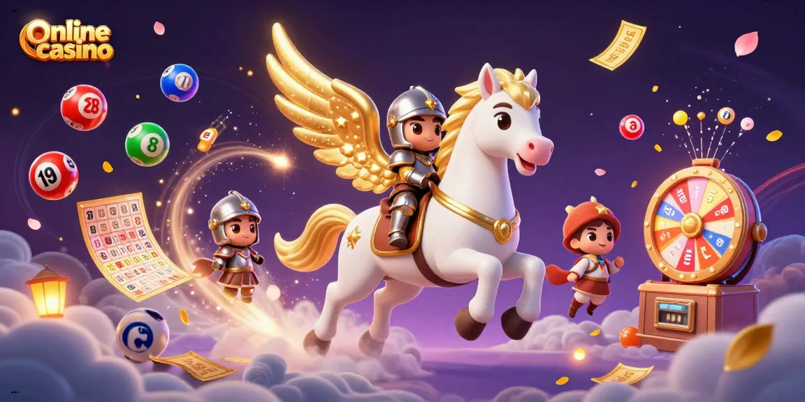 Experience the thrill of an online casino with a celestial horse and cartoon knight amidst colorful gaming elements.