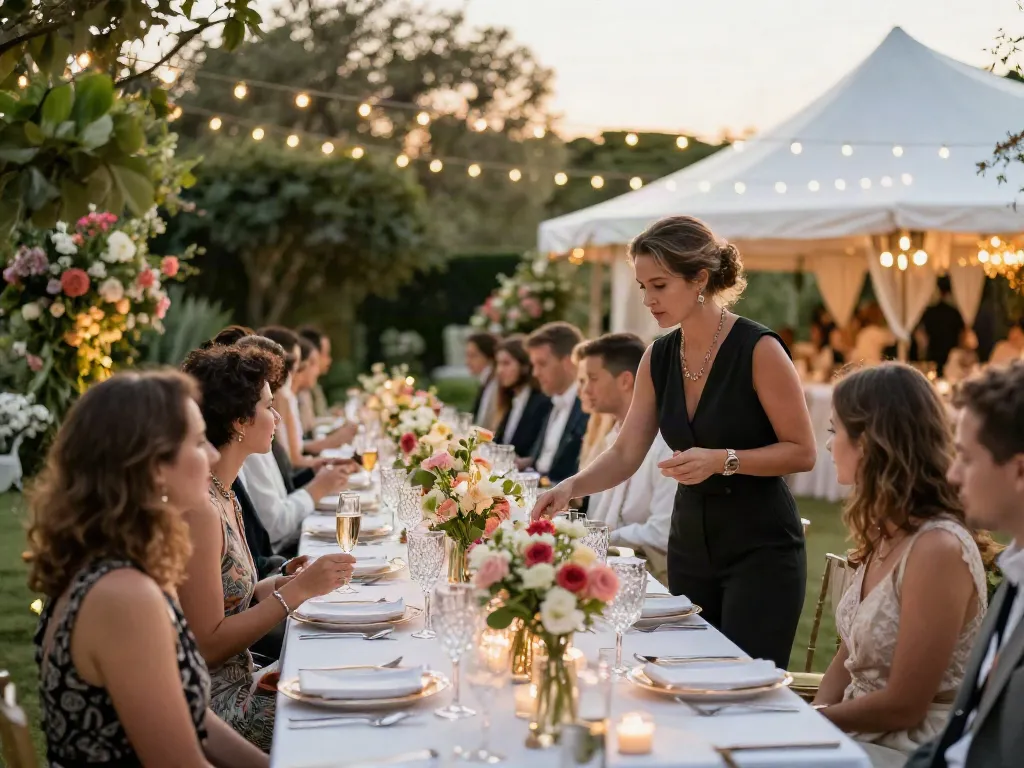Event rentals provided in a luxurious garden setting for a wedding reception, showcasing elegant decor and joyful guests.