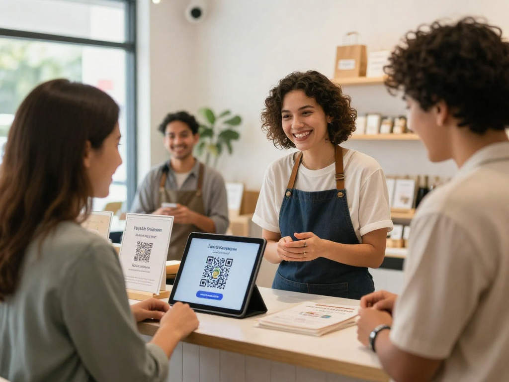Shop owner demonstrating the loyalty application, highlighting customer interaction and engagement benefits for small businesses.